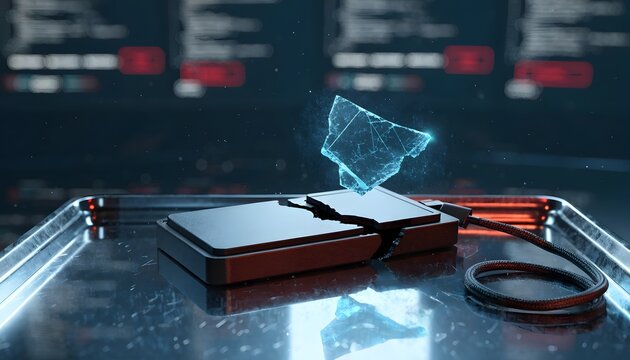 Digital Ransomware Attack Concept: Cracked External SSD with Glowing Data Fragments in Futuristic Server Room