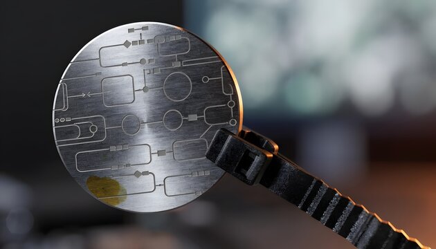 Close-up of engraved metal token with abstract circuit pattern held by tweezers in a laboratory setting