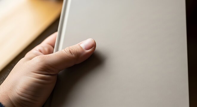 Hand holding a blank grey hardcover book with copy space
