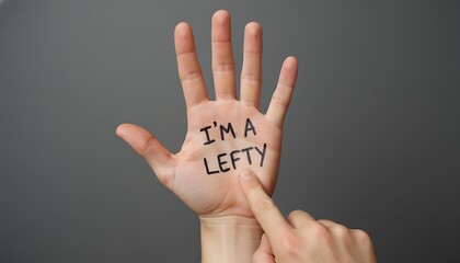 Human hand with IM A LEFTY message written on the palm pointing to the text