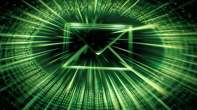 Digital green envelope icon with streaming data effect.