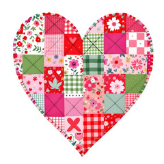 Obraz premium A heart-shaped quilt made of various red, pink, and green fabric patches with floral and gingham patterns on transparent background