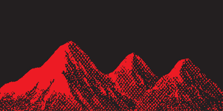A grunge vintage vector illustration of a mountain landscape with red floral patterns, stars, and abstract nature shapes for a wallpaper design