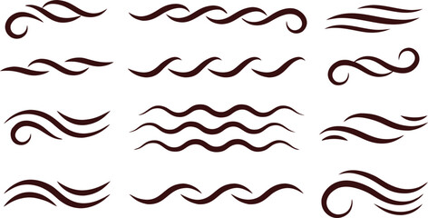 Fototapeta premium Abstract Wavy Line Divider Set Vector Collection. Decorative Curved Swirl Border Elements for Design Projects. Minimal Flowing Wave Ornament Bundle Isolated on White.