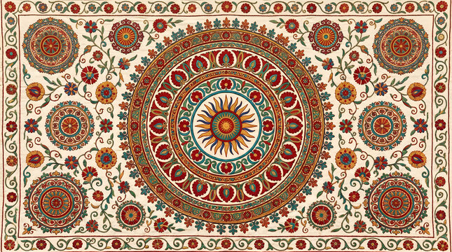 Traditional uzbek suzani embroidery with circular floral patterns