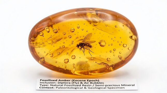 Golden Fossilized Amber with Insect Inclusion Displayed on White Museum Label