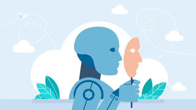 Blue robot cyborg holding a human face mask in its hand, representing artificial intelligence impersonation, deepfake technology, fake identity and digital ethics. Vector illustration