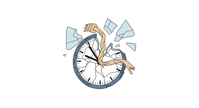 A broken clock face with shattered glass and a rope tied around its center, symbolizing time running out or being destroyed.