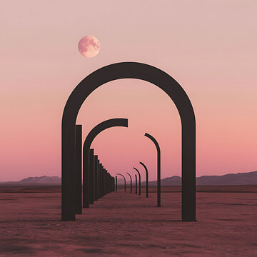 A row of black metal arches in the desert a cresc