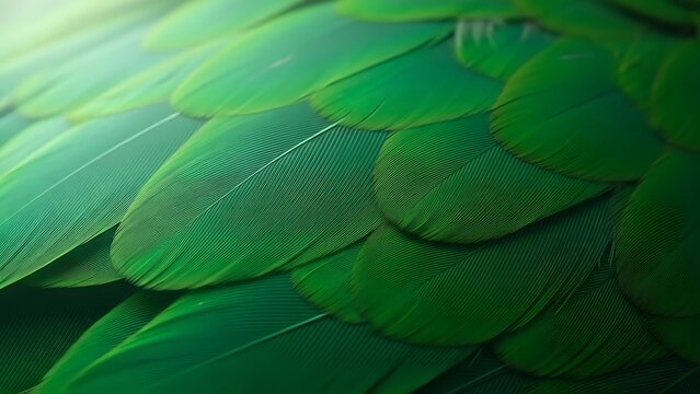 Close-up of vibrant, overlapping green feathers, with delicate detail and light