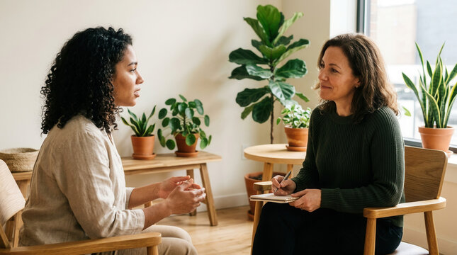 Therapist Conversing With Patient During Therapy Session With Plants Indoors