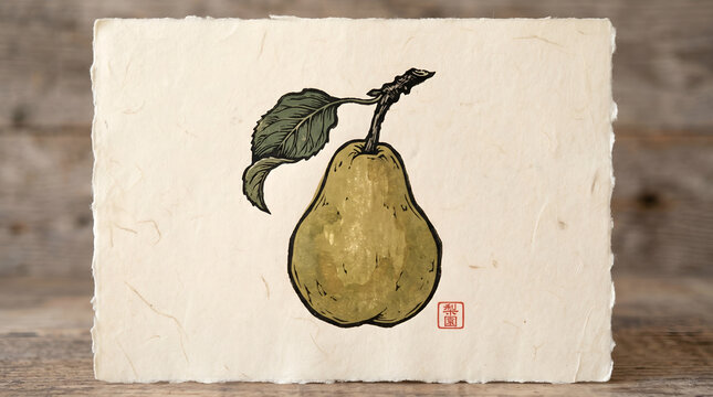 Linocut print of a single pear with a leaf on handmade paper