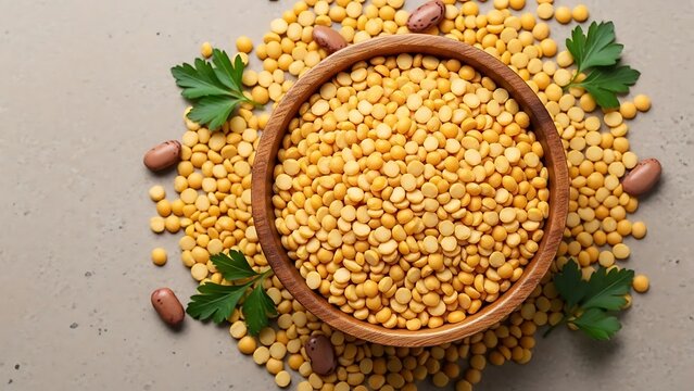 Close-up of yellow split peas in a wooden bowl with beans and parsley on a surface