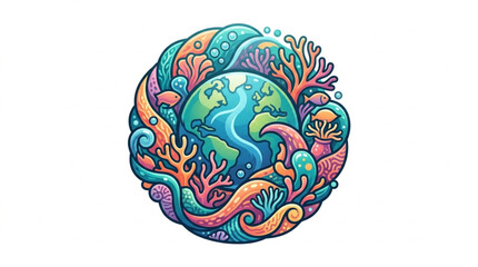 Colorful Earth surrounded by vibrant coral reef life. © dip