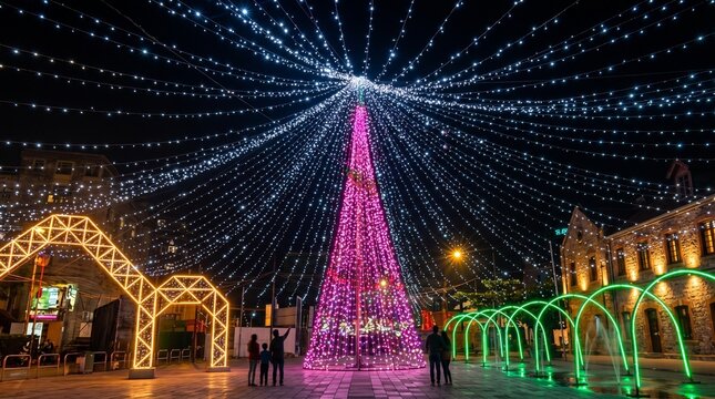 Tall conical christmas tree glowing with vibrant pink led lights stands prominently in a public square under a canopy of sparkling white fairy lights during a beautiful clear night time