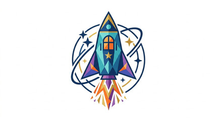 Colorful Rocket Ship Launching into Space with Stars and Orbit. © dip