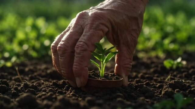 Hand planting green young sprout soil.