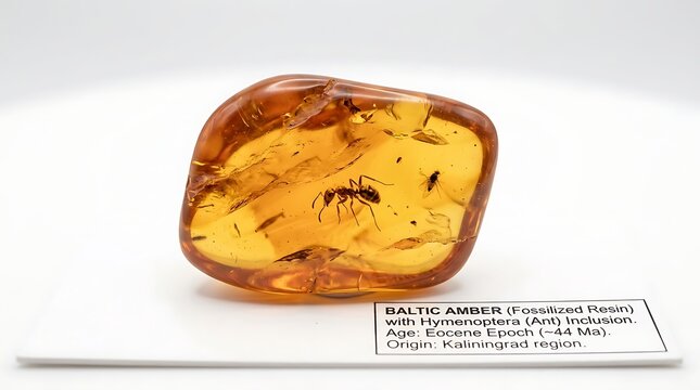 Polished Golden Baltic Amber with Insect Inclusion Displayed on White Museum Label