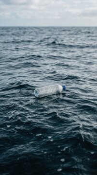 Plastic bottle floating in ocean water. Environmental pollution and waste in sea. Ecological disaster and danger to marine life. Concept of World Oceans Day and nature conservation.