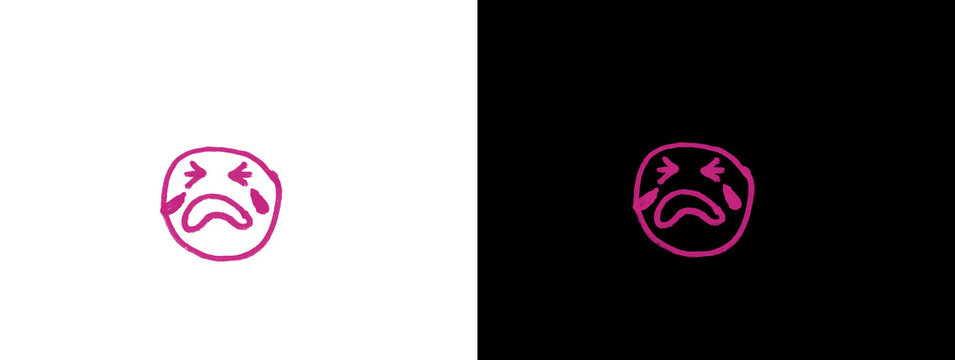 Pink Neon Sad Crying Face Emoji Icon on White and Black Split Background