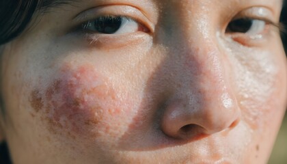 Naklejka premium Half Face Shadow Showing Pigmentation Contrast on Human Skin, Hyperpigmentation and Uneven Skin Tone Close Up, Dermatology and Skincare Concept, Realistic Facial Skin Texture