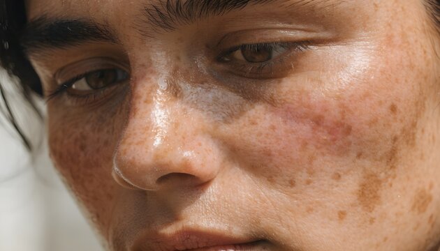 Sun Damage Skin Pigmentation Close Up, Hyperpigmentation on Face, Dark Spots and Uneven Skin Tone, Dermatology Skincare Concept, Ultra Realistic Facial Skin Texture in Natural Light
