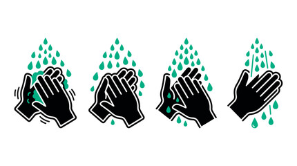 Obraz premium Four black graphic hand washing steps with green water droplets illustrating personal hygiene on a clean white background, Symbolizing public health and good sanitation practices
