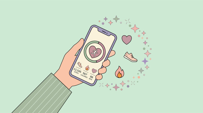 Fitness Activity Tracker App on Smartphone Screen with Heart Rate and Wellness Metrics Minimalist Flat Vector Illustration on a pastel green background