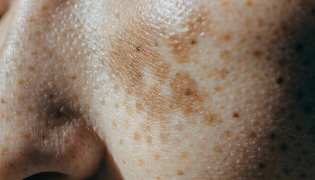 Half Face Shadow Showing Pigmentation Contrast on Human Skin, Hyperpigmentation and Uneven Skin Tone Close Up, Dermatology and Skincare Concept, Realistic Facial Skin Texture