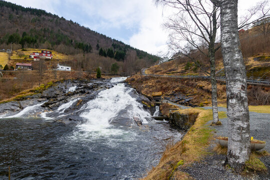 A beautiful spring landscape of Hellesylt town near Geirangerfjord. A spring scenery in Sunnmore Alps, More og Romsdale, Norway.