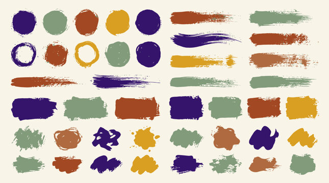 A diverse collection of textured brush strokes, circles and rectangular shapes in earthy tones and deep purple on a light background, providing versatile graphic assets and organic design elements