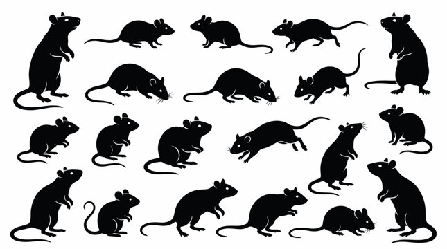Vector set of black rat and mouse silhouettes captured in various dynamic and static poses, illustrating pest control dangers or wildlife graphic elements