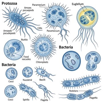 Blue Microscopic Protozoa and Bacteria Diagram on White Background