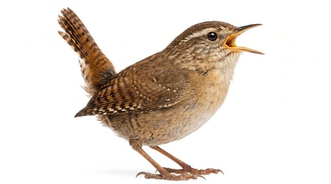 A house wren with brown feathers and a distinctive white stripe above its eye stands on one leg with its beak open on white background