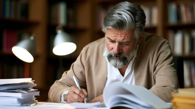 Experienced man concentrating on writing on a desk filled with stacks of documents and an open book, illuminated by desk lamps, embodying dedication, knowledge, and diligent work