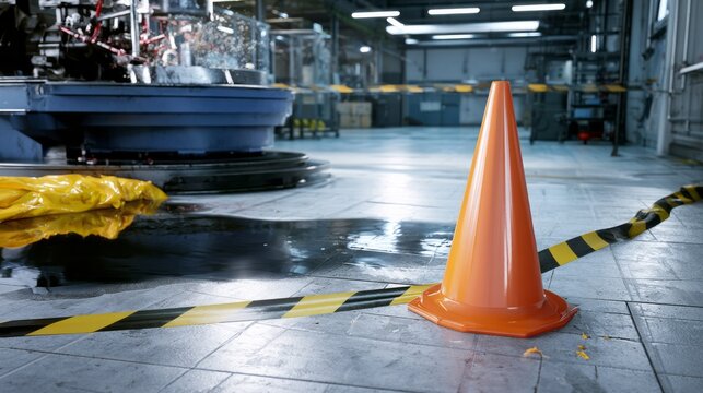 Orange plastic cone and black and yellow caution tape indicating a potential spill and wet floor area in an industrial factory setting, highlighting safety concerns and ongoing maintenance