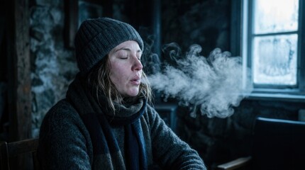 Fototapeta premium Woman Exhaling Visible Breath In Chilly Environment Demonstrating Cold Weather