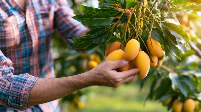 Farmer hand picking a bunch of vibrant yellow mangoes directly from the tree branch in an outdoor orchard environment, highlighting sustainable agricultural practices and abundant harvest