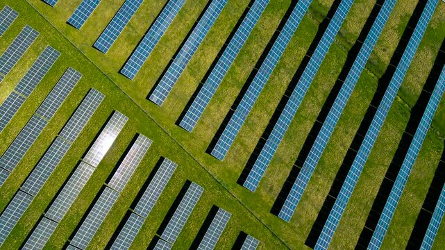Rows of solar panels on a green grass field generating clean, renewable energy from the sun in a modern photovoltaic power station, a sustainable and innovative technology for the future