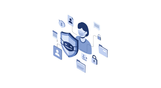 Cybersecurity concept, person with mask and shield protecting data, digital security, privacy, information protection