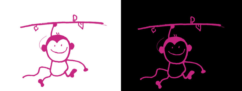 Pink Hanging Monkey on Branch on White and Black Background