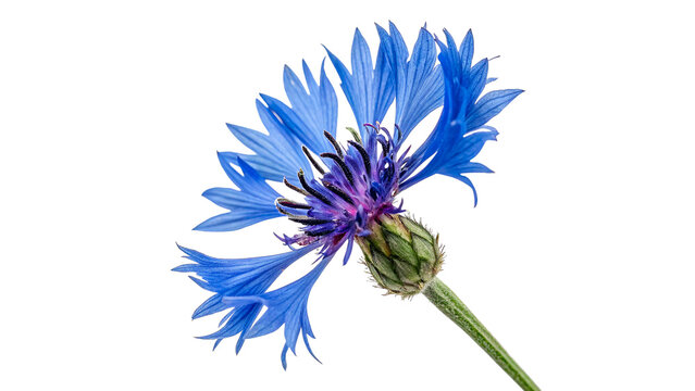 Vibrant single blue cornflower bud with detailed petals isolated on transparent background