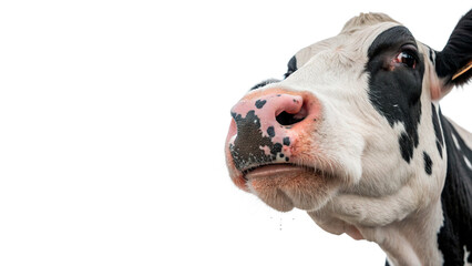 Close up portrait headshot of a curious black and white spotted cow on transparent background © PNG_MEGAStock