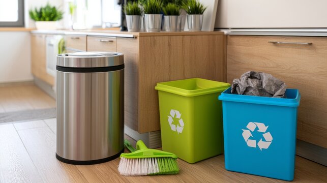 Kitchen floor showing a stainless steel trash can and two recycling bins with symbols, facilitating waste separation and promoting sustainable practices in a contemporary home