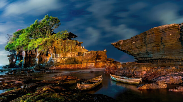 Abandoned wooden boat resting on rocky shore at golden hour with dramatic clouds