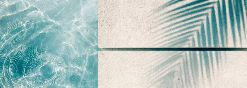 Vibrant clear blue rippled water with sparkling sunlight reflections and circular patterns, juxtaposed against a light beige textured concrete wall featuring abstract tropical palm leaf shadows