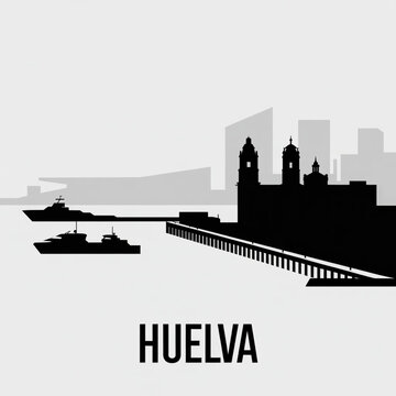 Huelva Skyline Silhouette &mdash; A Historic Harbor City in Southern Spain Vector Illustration