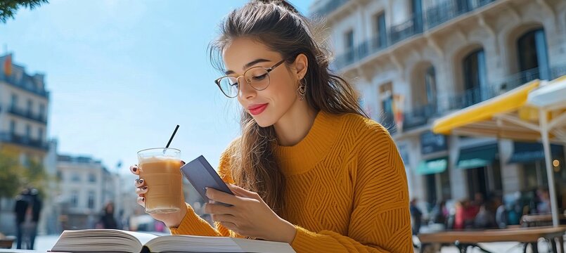 Young tourist woman enjoying coffee while messaging on her smartphone in a charming French cafe.