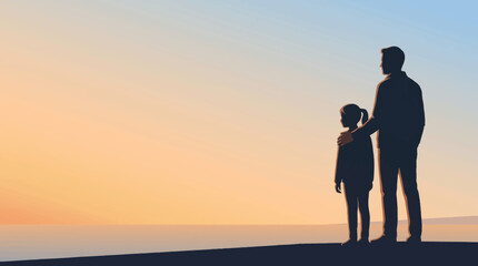 Fototapeta premium Father and Daughter Standing Together Looking at Sunset Silhouette Vector Illustration 