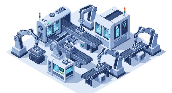 Isometric automated production line with robotic arms in a smart factory.